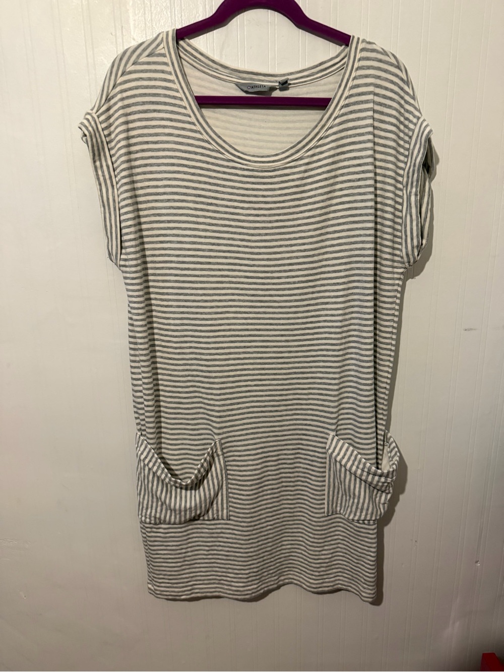 Athleta Striped Pocket Tee Dress - Grey & Cream L